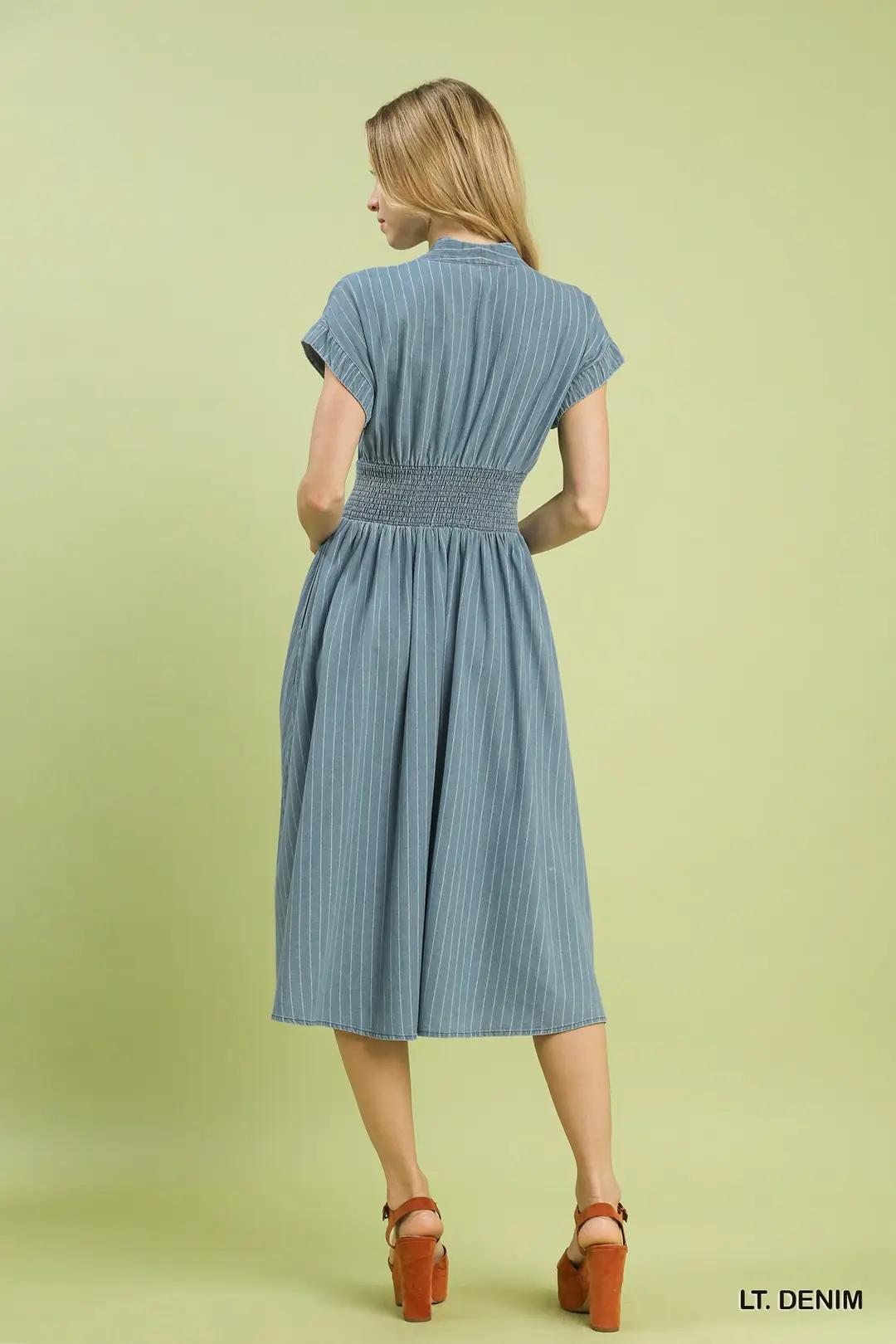 Umgee Pinstripe Smocked Waist Button-Front Midi Dress