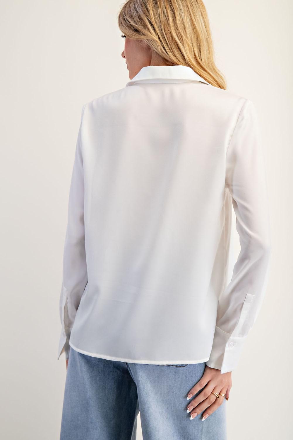 ee:some Solid Notched Collar Long Sleeve Blouse