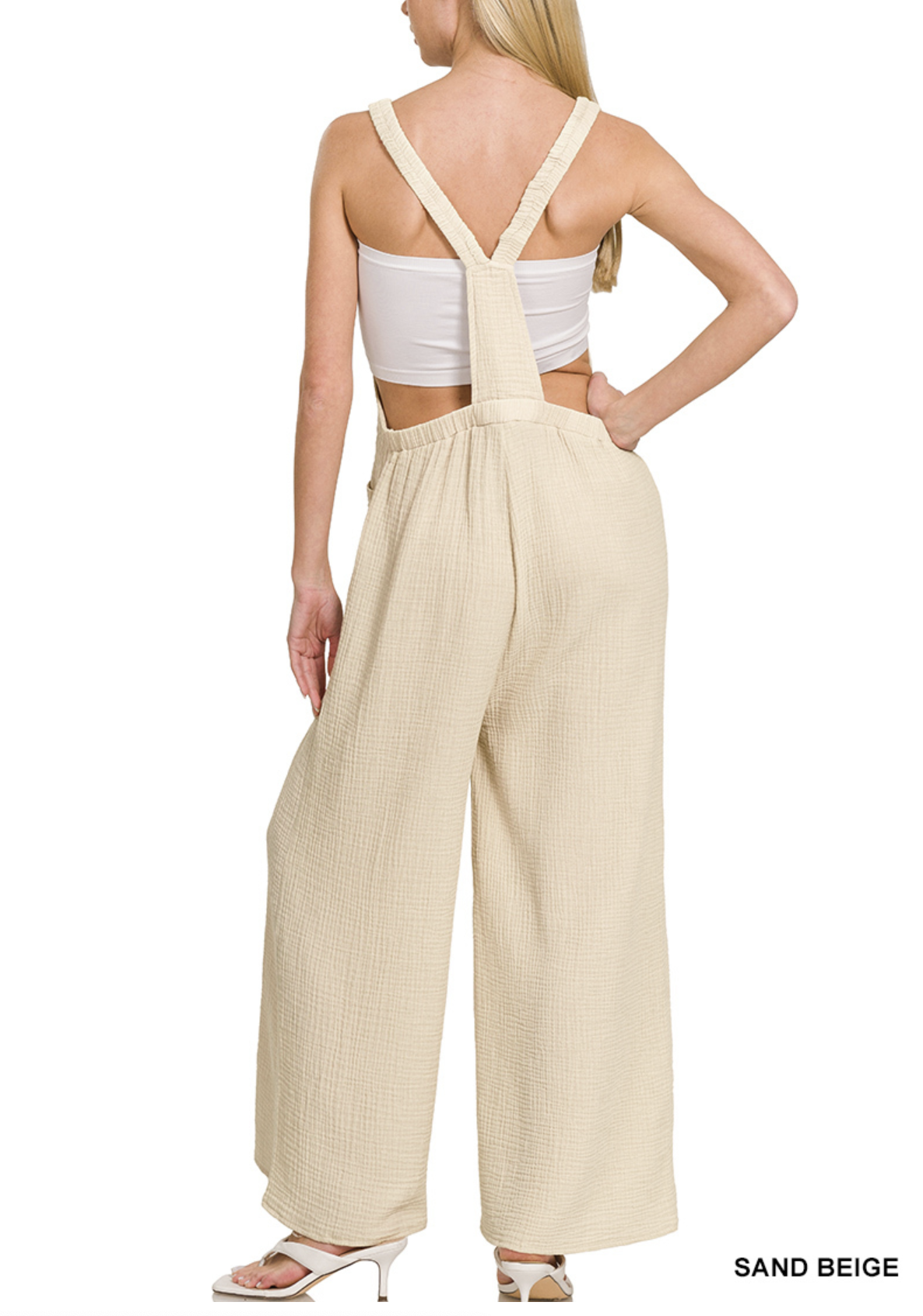Zenana 7161 Washed Double Gauze Elastic Waist Wide Overalls