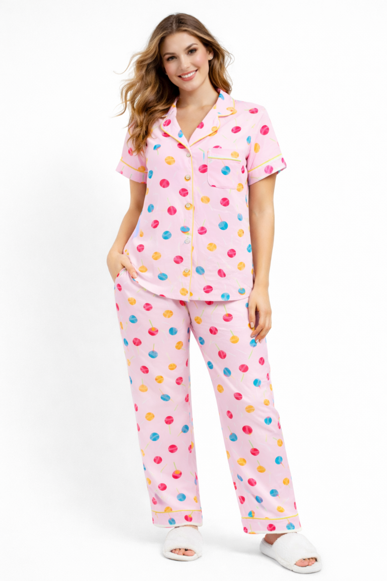 Lollipops Yummy Jersey S/S Button Front Top + Pull On Pant PJ Set