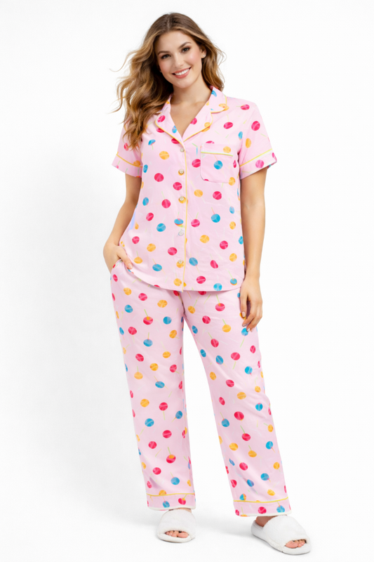 Lollipops Yummy Jersey S/S Button Front Top + Pull On Pant PJ Set