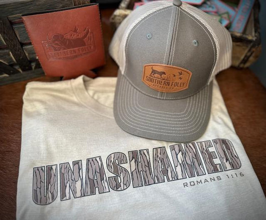 Southern Folly "UNASHAMED" T-Shirt - Tan w/Camo