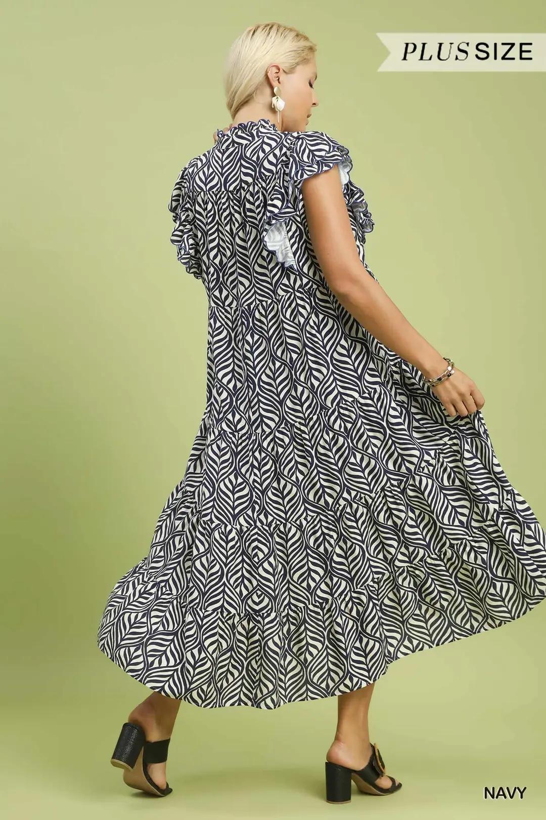 Umgee Plus Size Leaf Print Midi Dress Navy