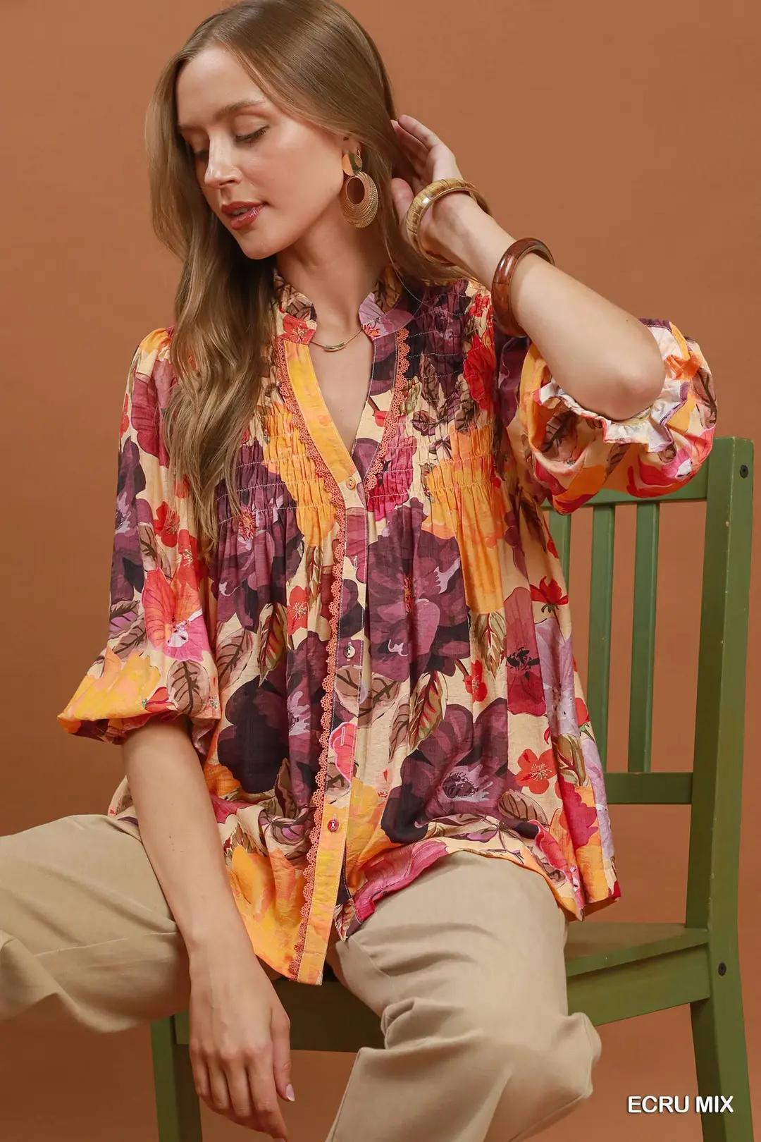 Umgee  Mix Floral Print Button Front Blouse