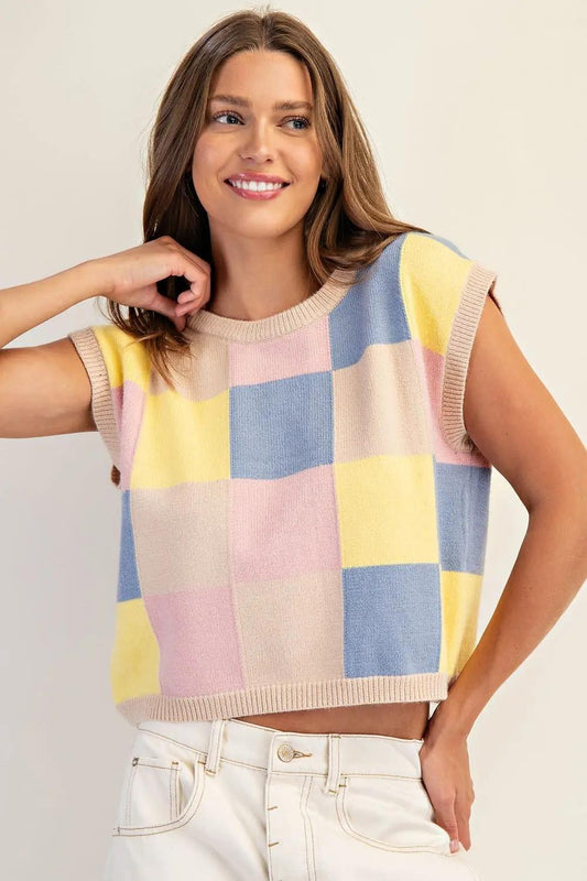 EE:SOME Checker Print Sleeveless Sweater Top Oat Whisper