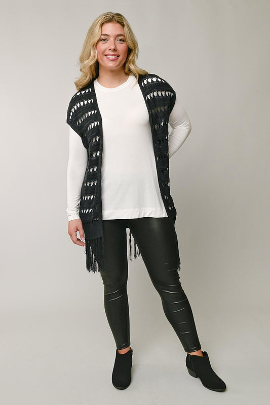 Pointelle Open Front Cardigan w/ Fringe