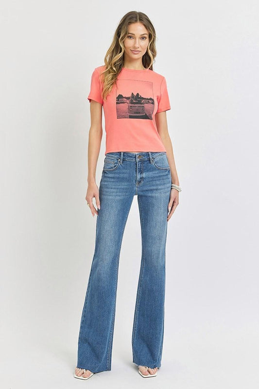 RISEN JEANS RDP5835 MID RISE FLARE RAW CUT HEM JEANS