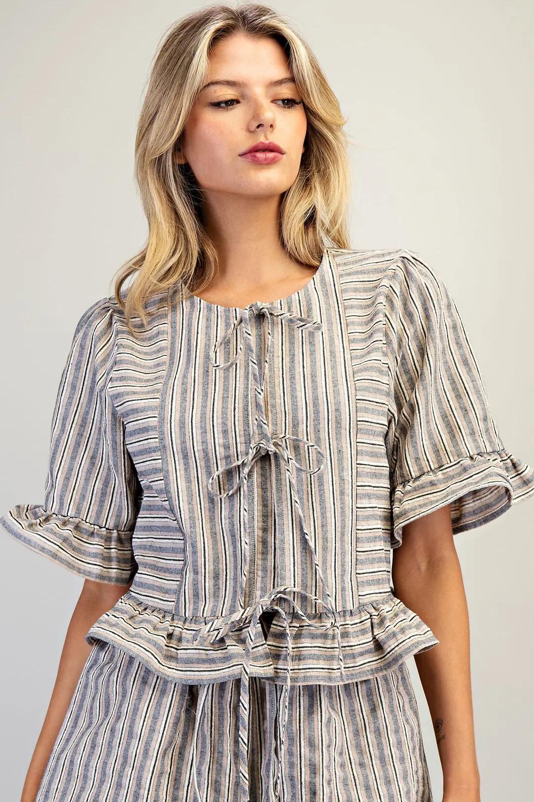 EE:SOME Striped Front Tie Ruffled Blouse Top Taupe