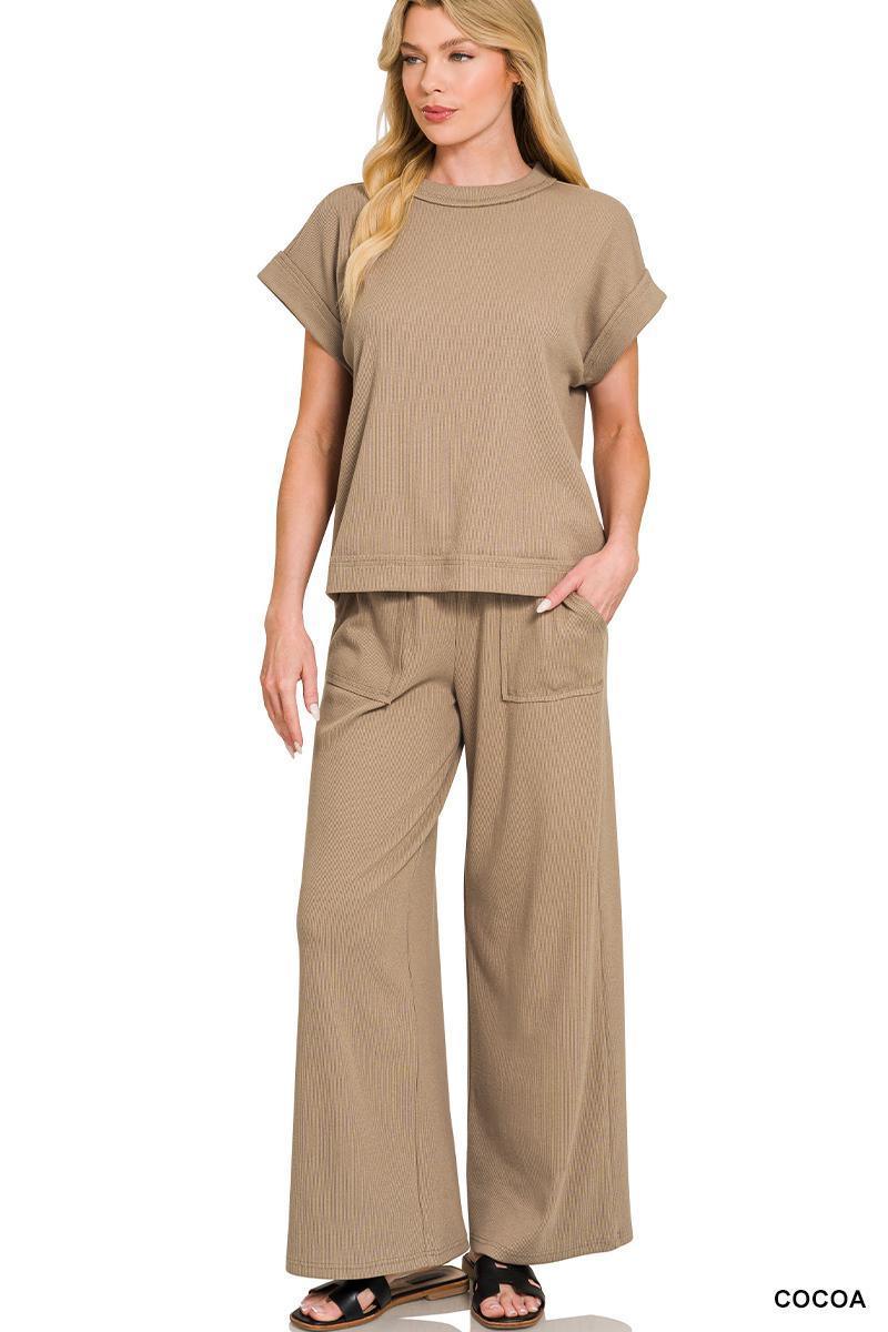 Zenana #CTCP-3480A3 Ribbed short sleeve tee & pants set