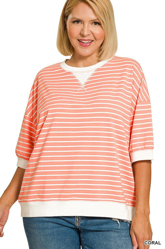 Zenana - PLUS #CT-3581X5 Plus striped rib banded pullover