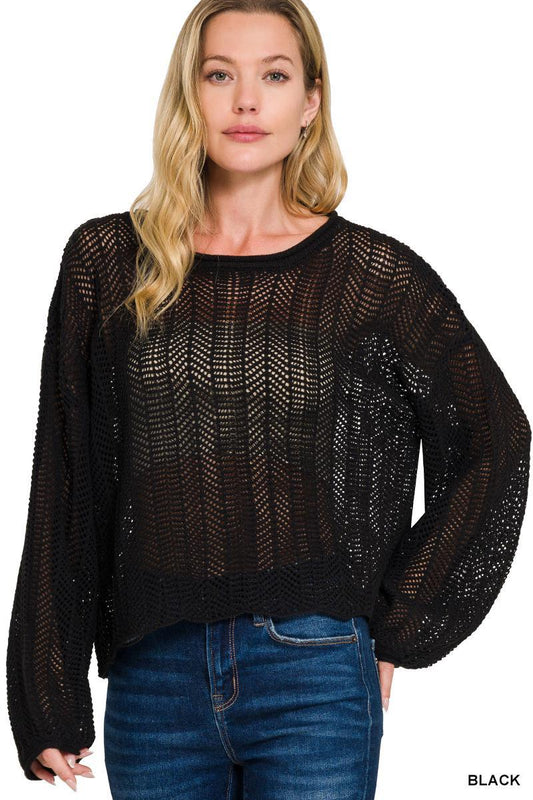ZENANA TW-2482Y Hollow Out Long Sleeve Sweater