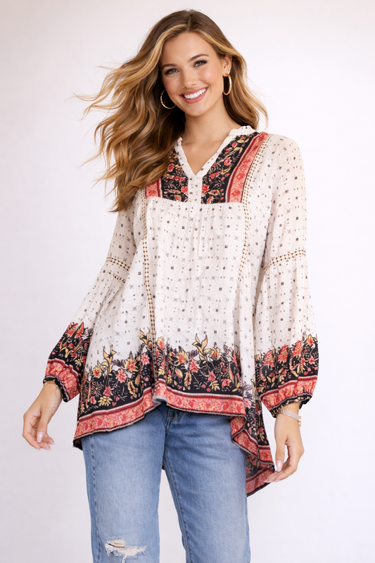 Floral Challis V-Notch Blouse Ivory/Red