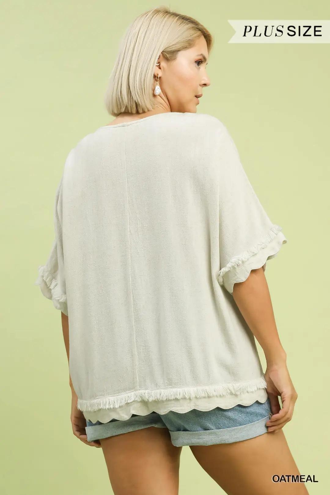 Umgee Linen Frayed Hem Scallop Edge Top Oatmeal