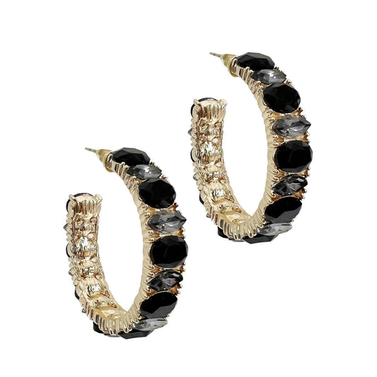 STONES GOLD HOOP EARRING, BLACK