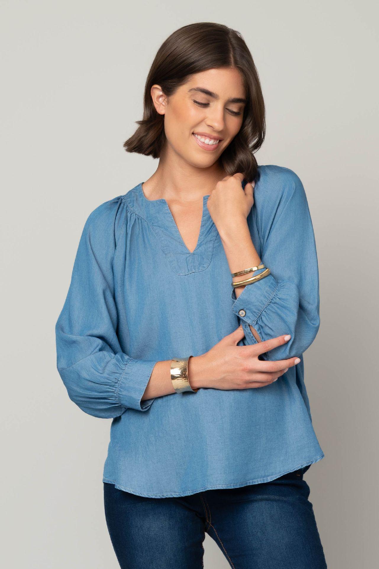V-Notch Balloon Sleeve Denim Blouse