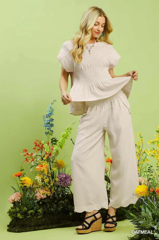 Umgee Linen Blend Scallop Hem Wide Leg Pants