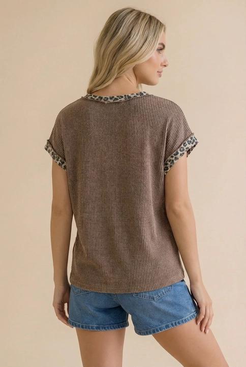 Leopard Color Block Wave Rib Knit Top - Mocha