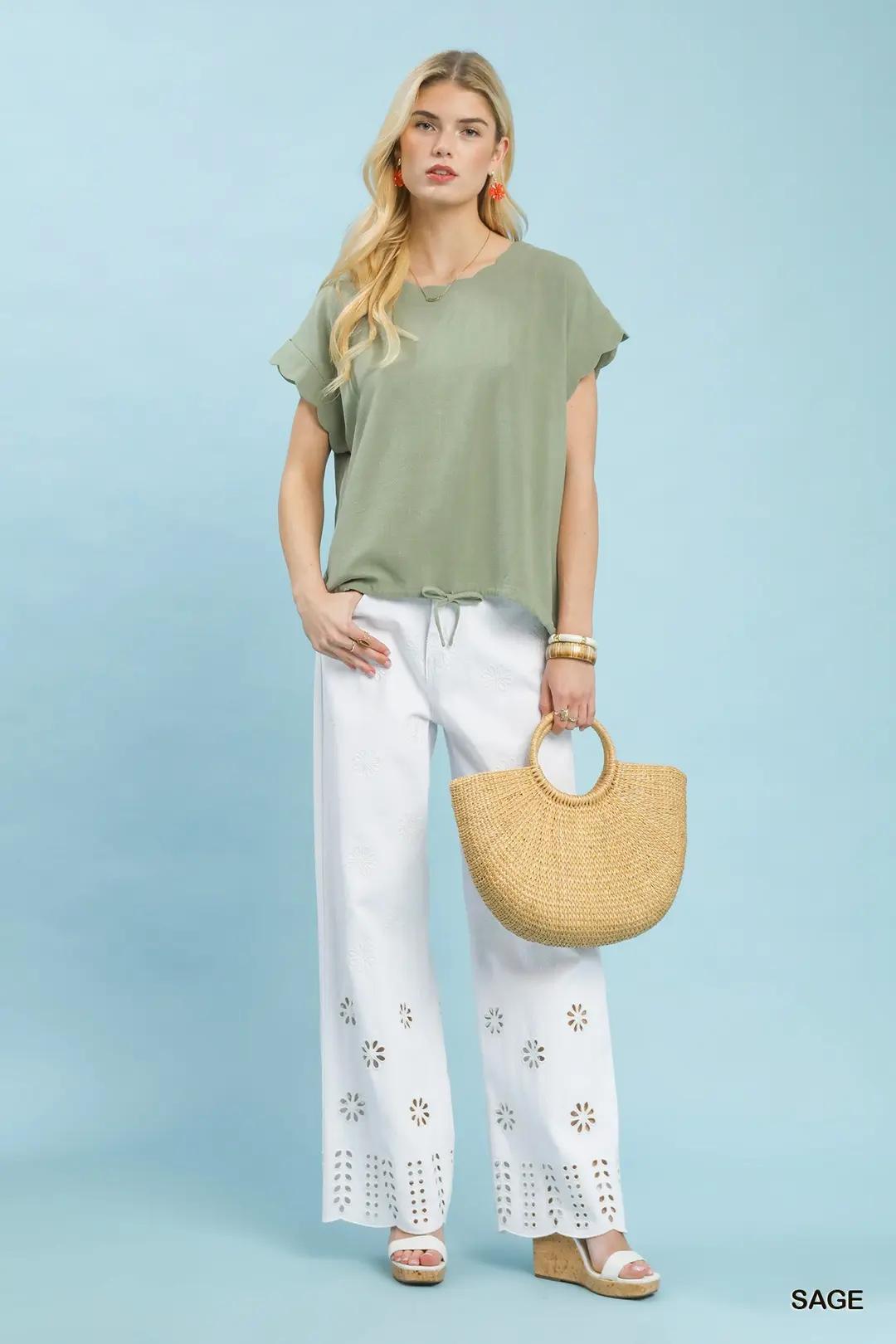 UMGEE Linen Blend Rolled Sleeve Top
