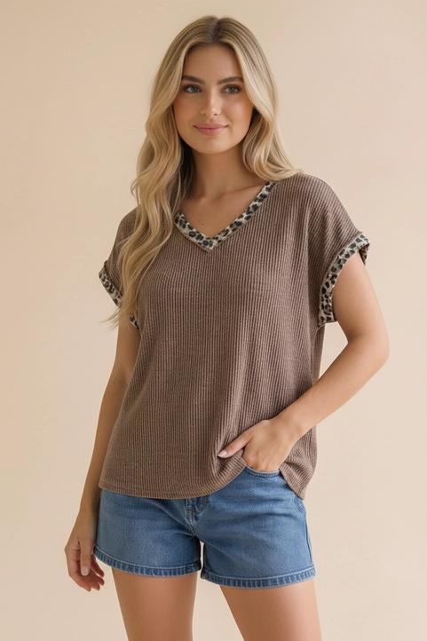 Leopard Color Block Wave Rib Knit Top - Mocha