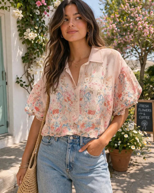 Yoryu Chiffon Embroidered Button Front Blouse