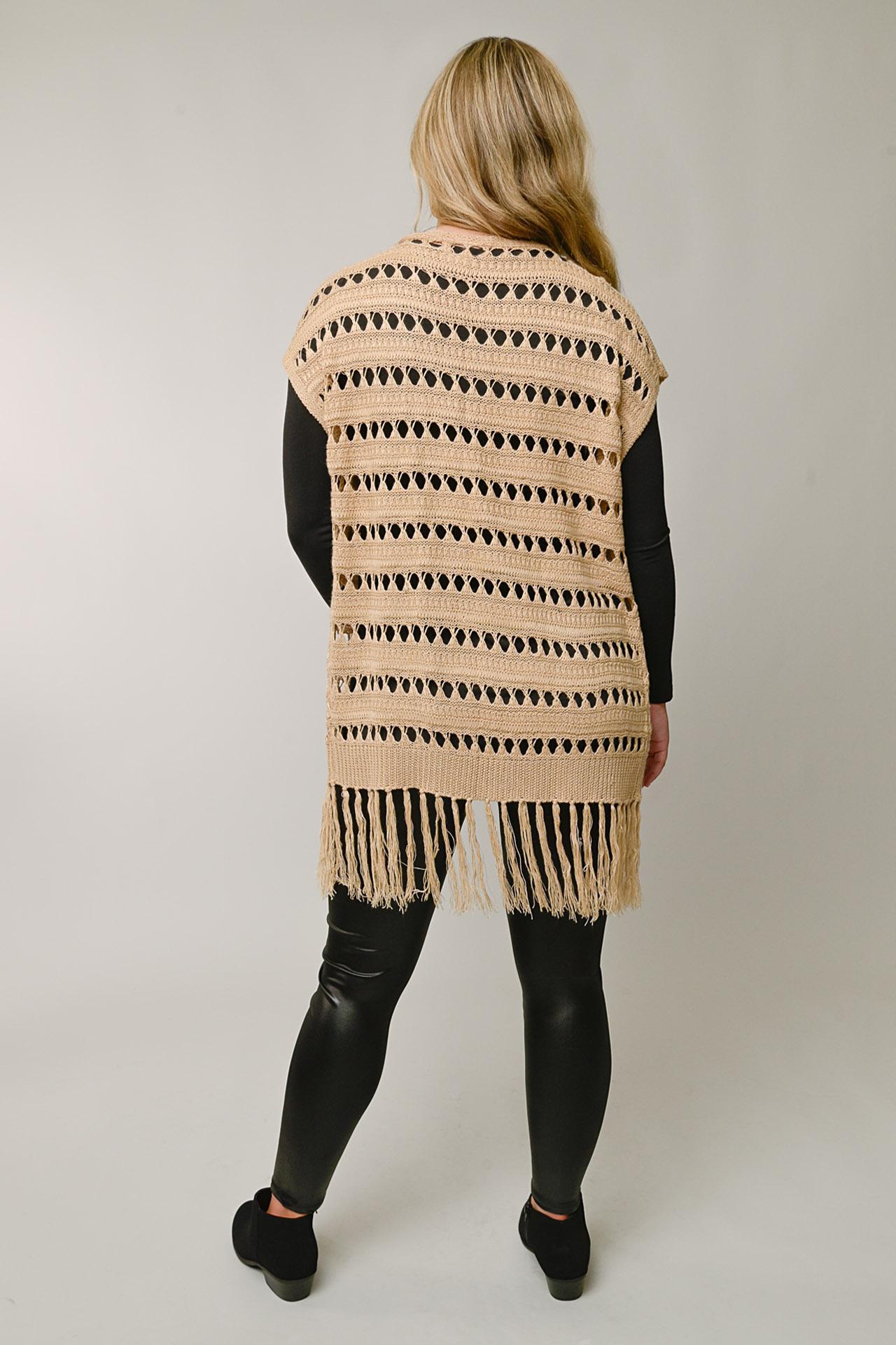Pointelle Open Front Cardigan w/ Fringe