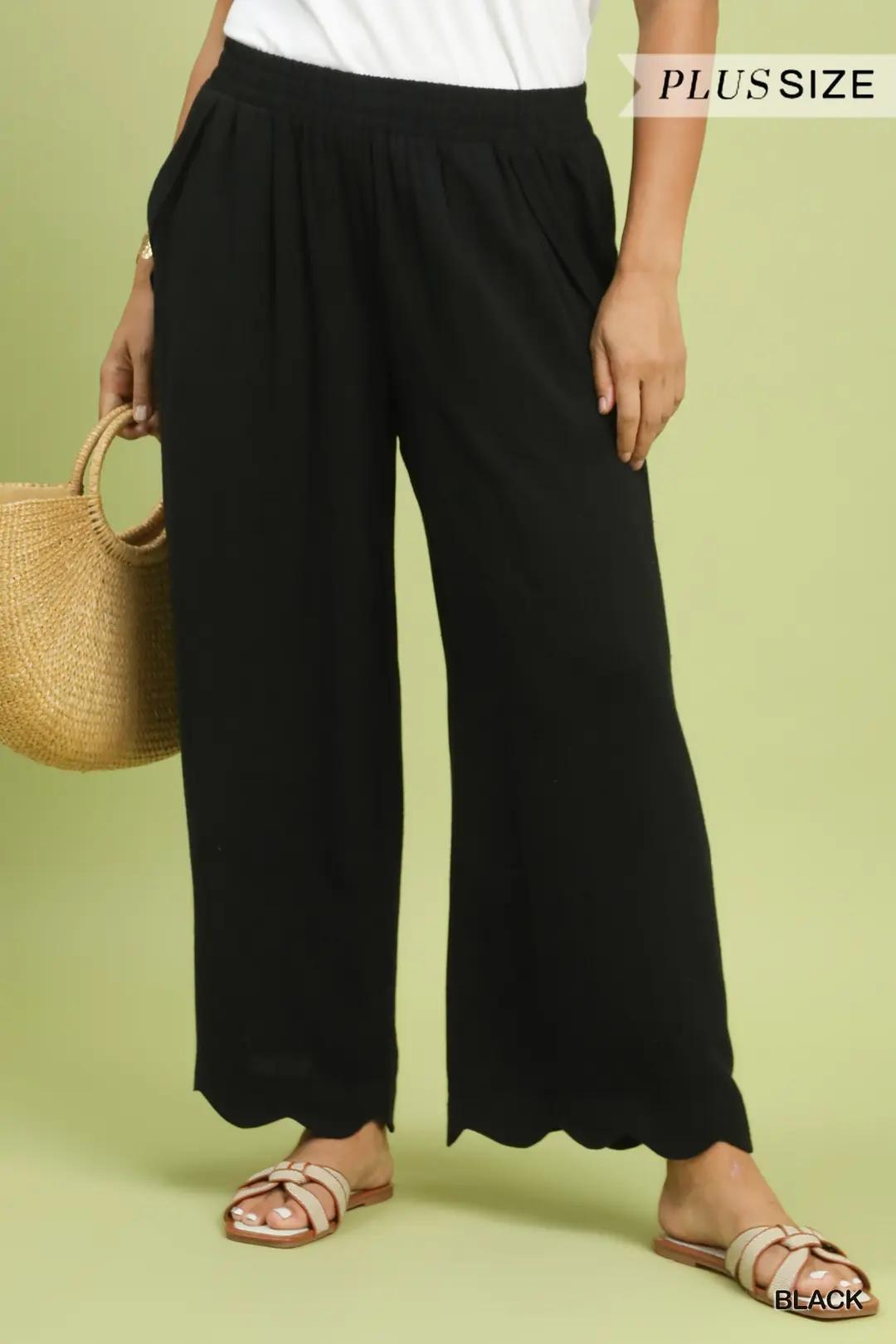 Linen Blend Scallop Hem Wide Leg Pants - Plus Size