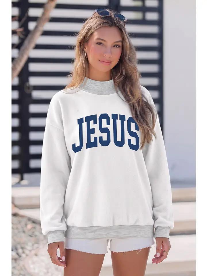 Double Side Letter Print Mock Neck Sweatshirt Light Grey