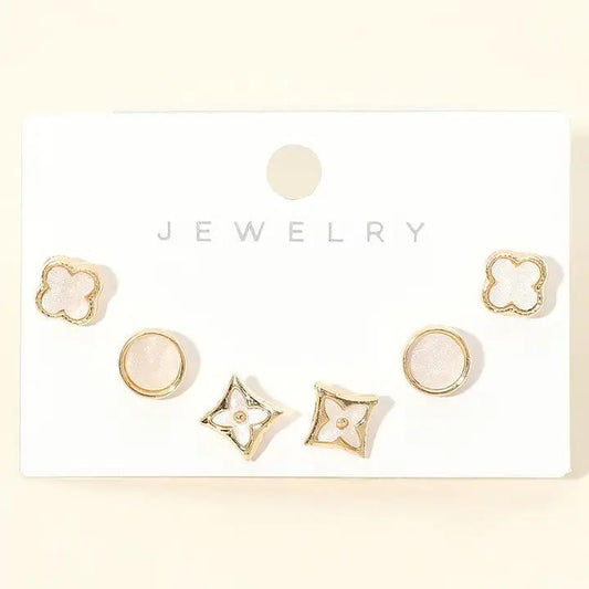 3Pairs - Quatrefoil Floral Circle Stud Earring Set