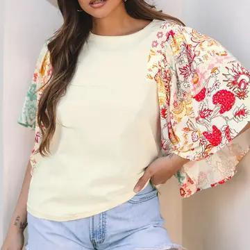 Beige Floral Patchwork Half Batwing Sleeve Blouse