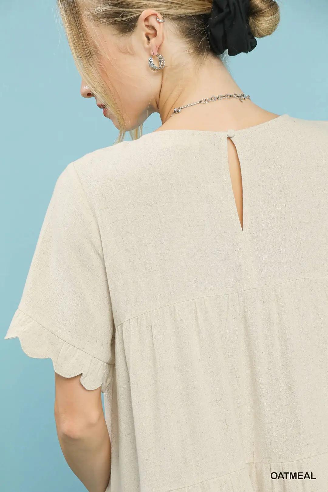 Umgee Linen Tiered Babydoll Dress with Ruffle Sleeves Oatmeal