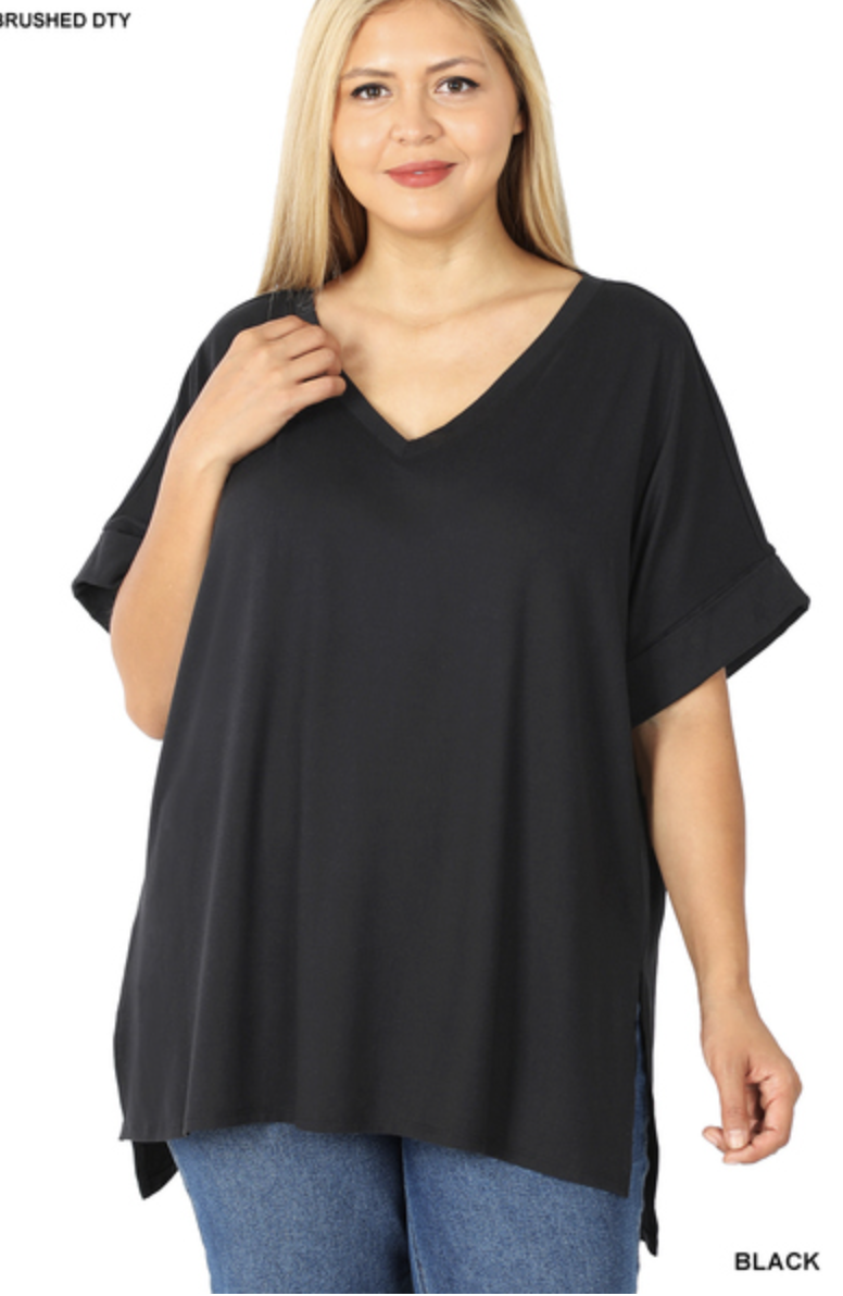 ZENANA PT-2456 Curvy Brushed Rolled Short Sleeve V-neck Top