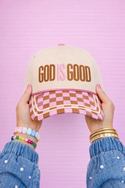 GRACE & EMMA "God is Good" on Tan Hat with Checkered Bill