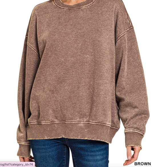 Zenana OTW-4313A Acid Wash Oversized Fleece Pullover