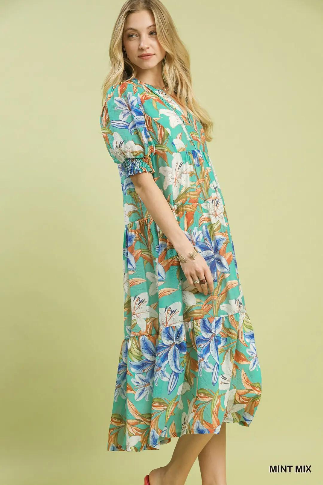 UMGEE Mix Tropical Floral Tiered Midi Dress Reg & Curvy
