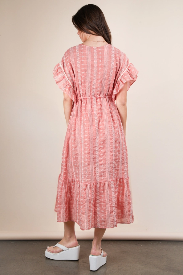 Embroidered Ruffle Hem V-Neck Midi Dress