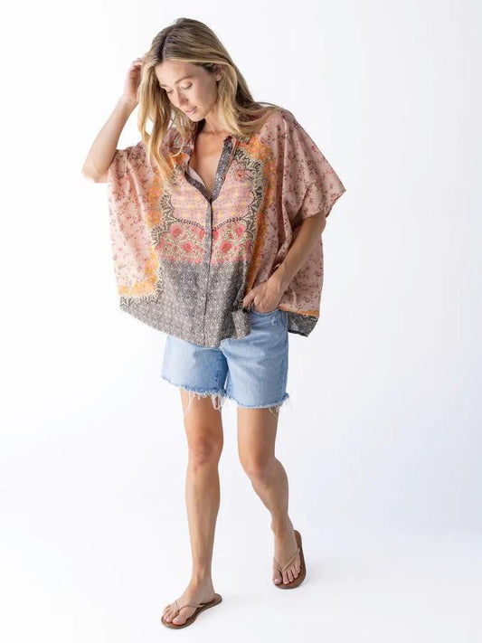 Natural Life Kelly Oversized Cotton Button Down Pink Ditsy