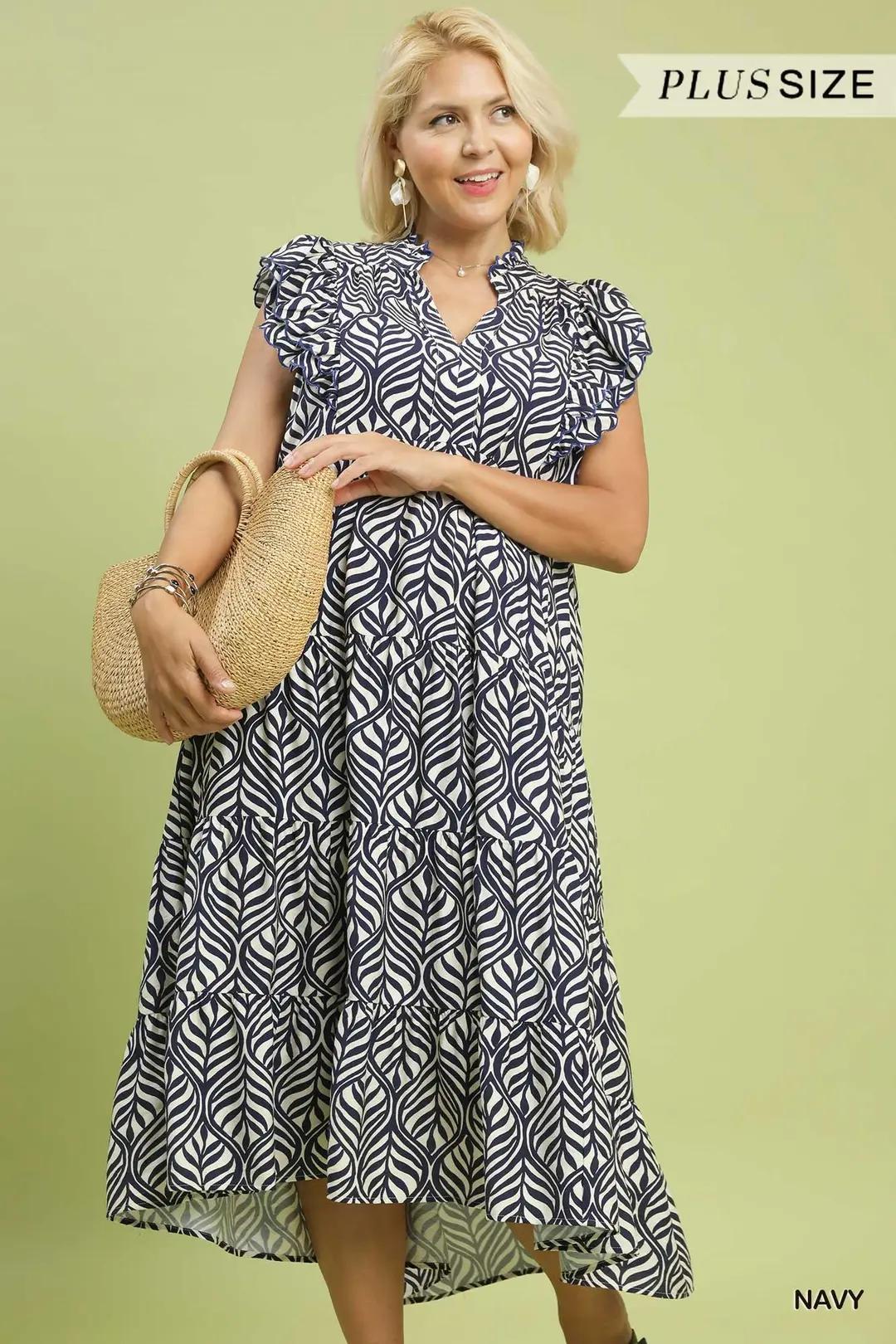 Umgee Plus Size Leaf Print Midi Dress Navy