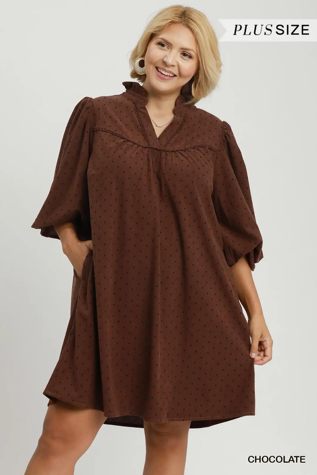Umgee Swiss Dot Ruffle Neck Babydoll Dress - Chocolate