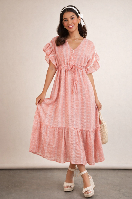 Embroidered Ruffle Hem V-Neck Midi Dress