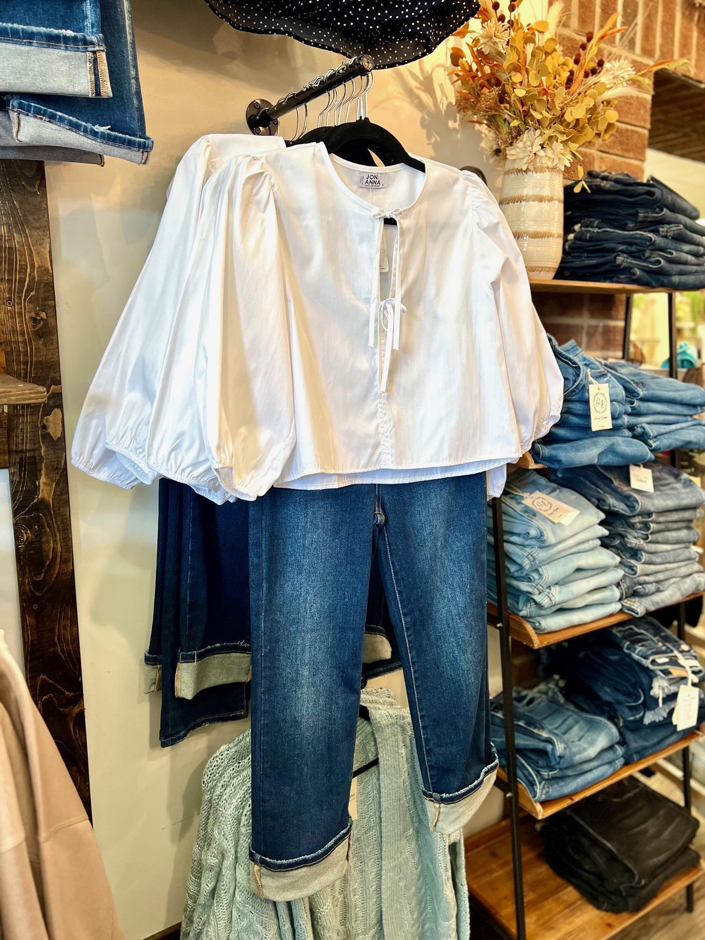 Poplin Tie Front Ballon Sleeve Blouse