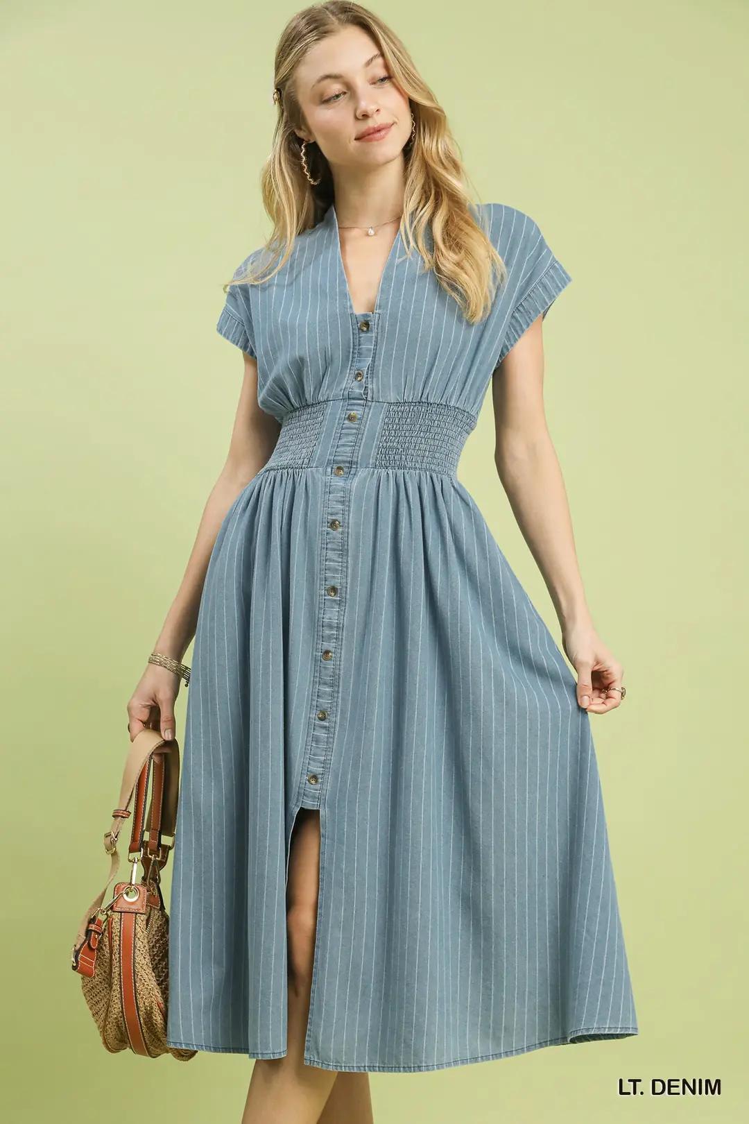 Umgee Pinstripe Smocked Waist Button-Front Midi Dress