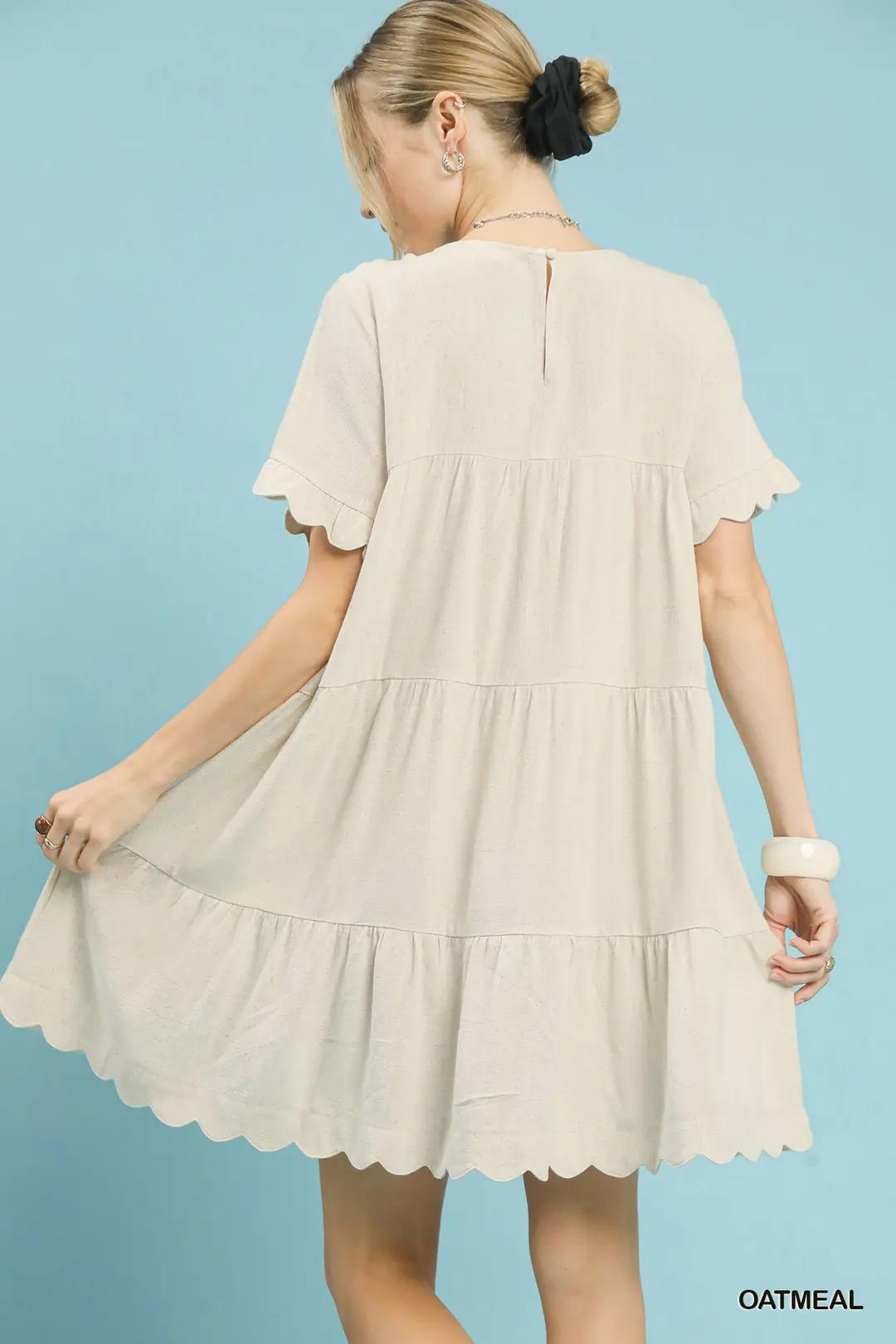 Umgee Linen Tiered Babydoll Dress with Ruffle Sleeves Oatmeal