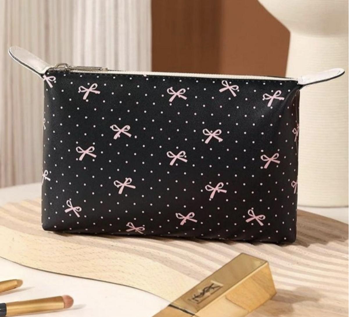 ZENANA BOWKNOT RIBBON VEGAN LEATHER COSMETIC BAG