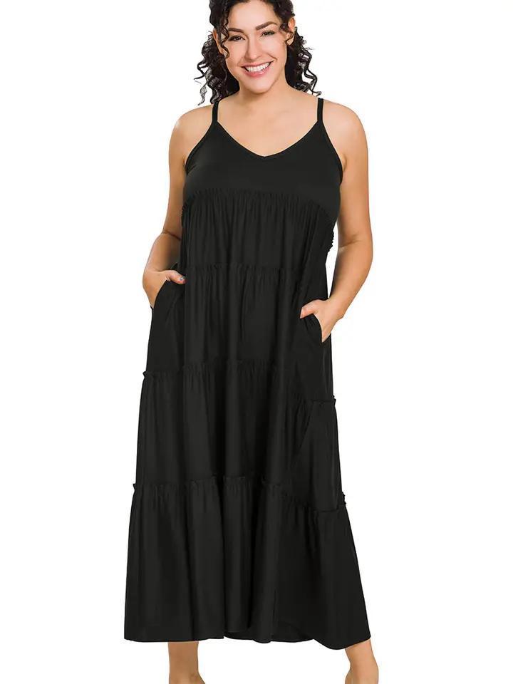 ZENANA  V-neck Cami Maxi Tiered Dress w/ Side Pockets
