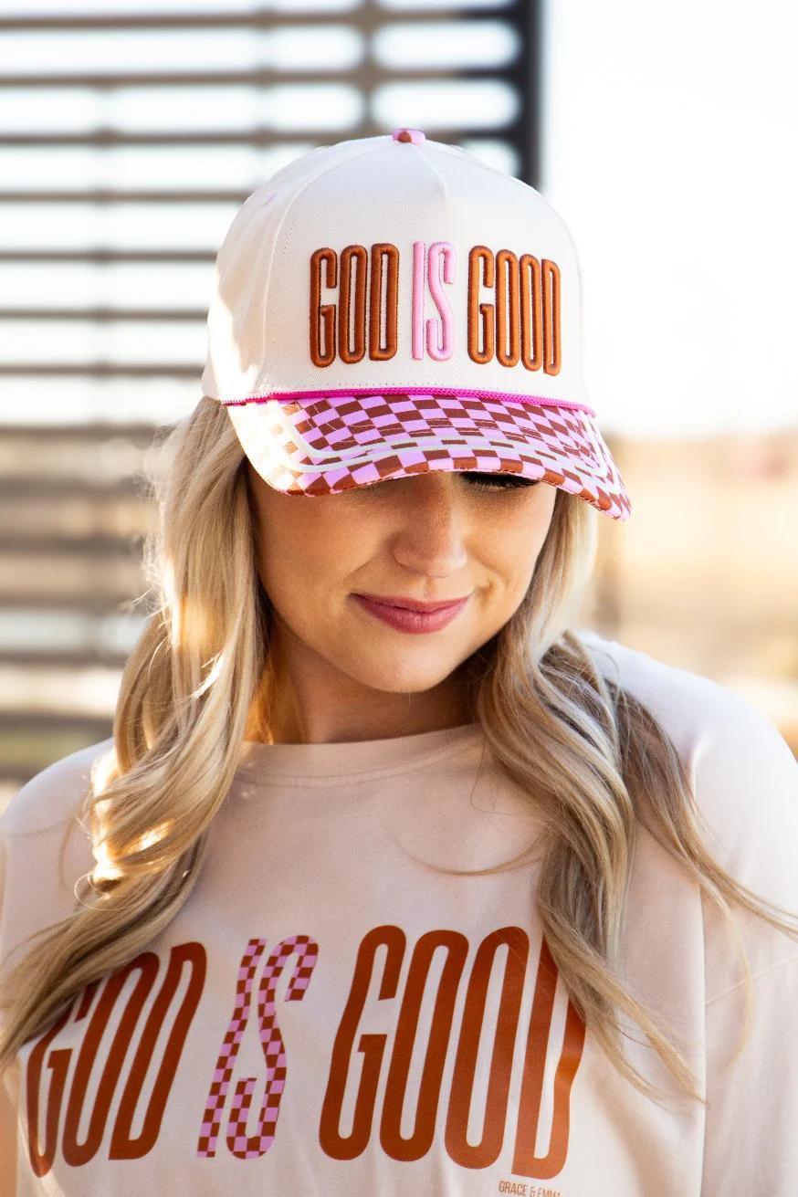 GRACE & EMMA "God is Good" on Tan Hat with Checkered Bill