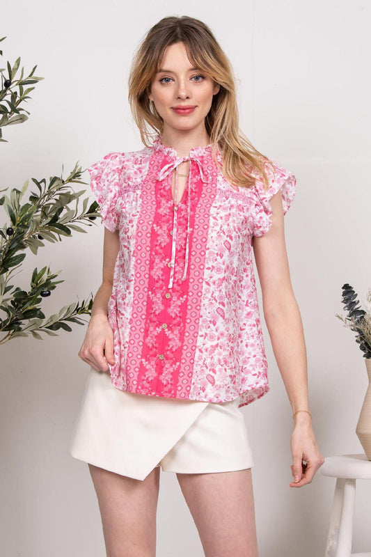 Floral Crepe Button Front Ruffle Sleeve Blouse