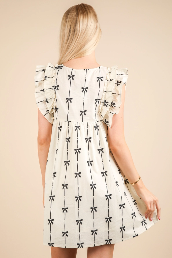 Bow Print Flutter Sleeve Babydoll Dress