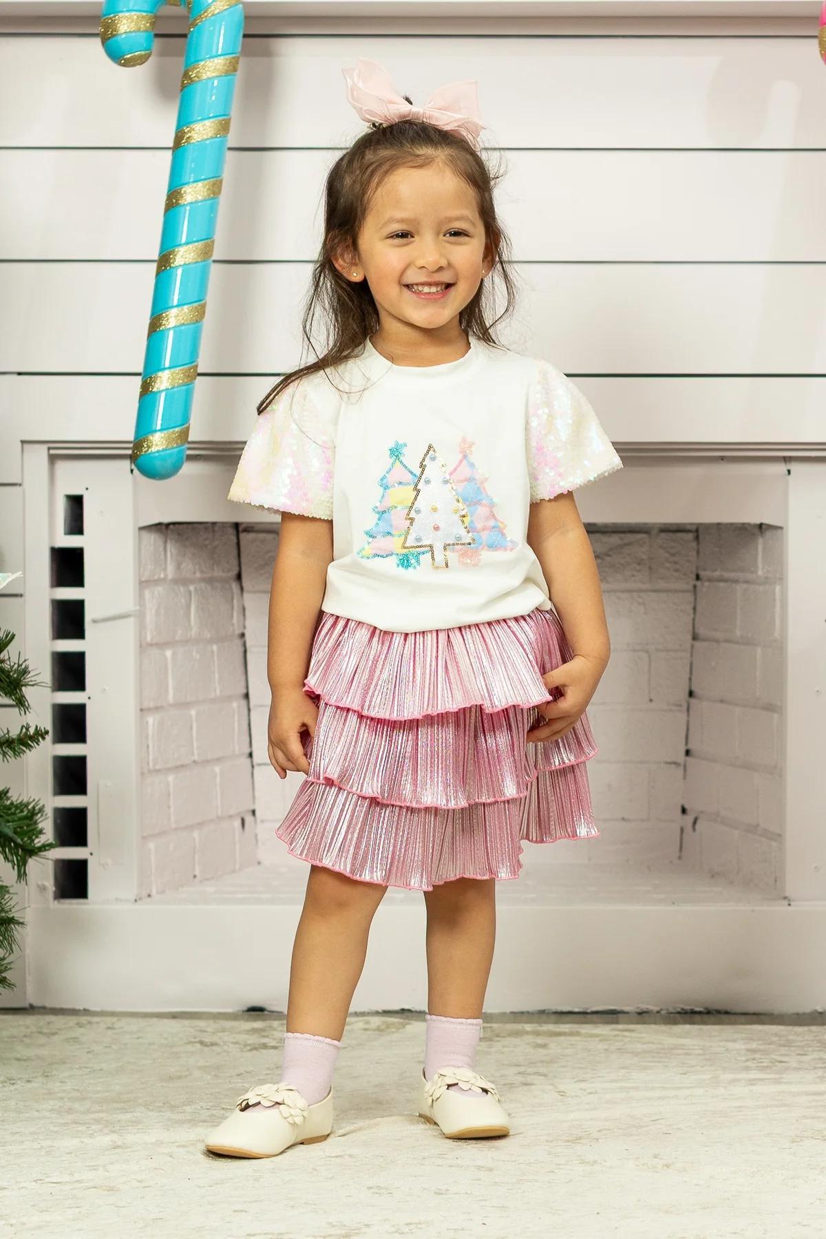 G & E Girls Festive Forest Princess Top White