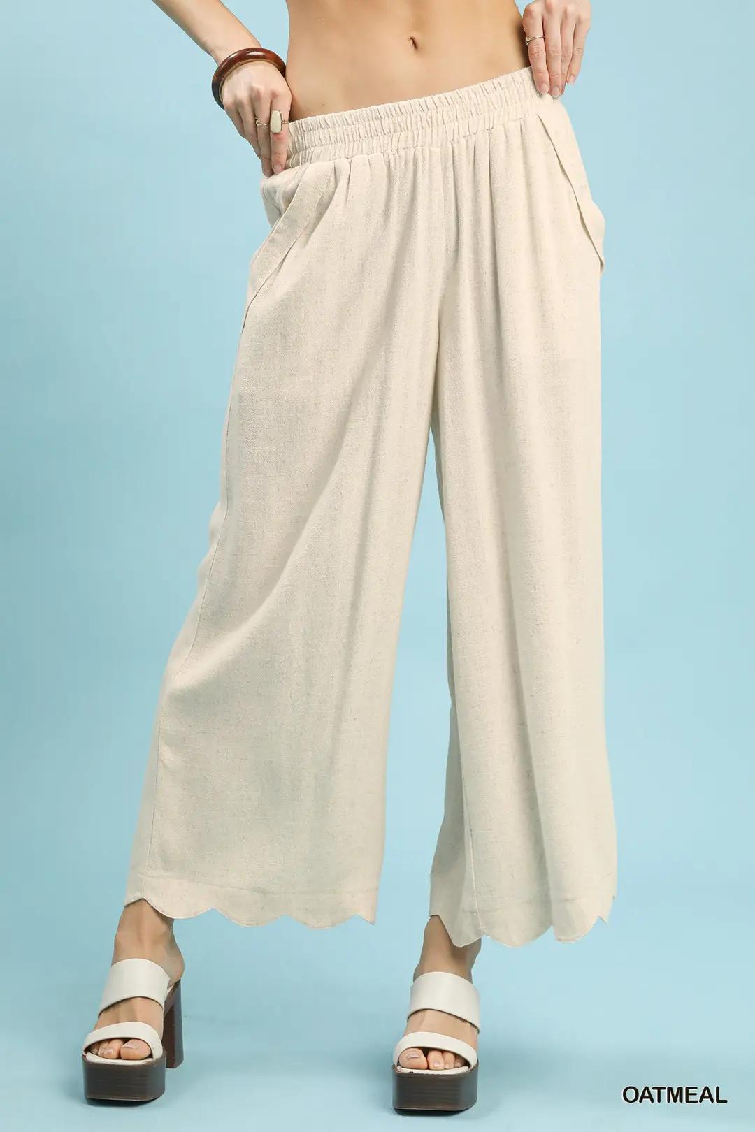 Umgee Linen Blend Scallop Hem Wide Leg Pants