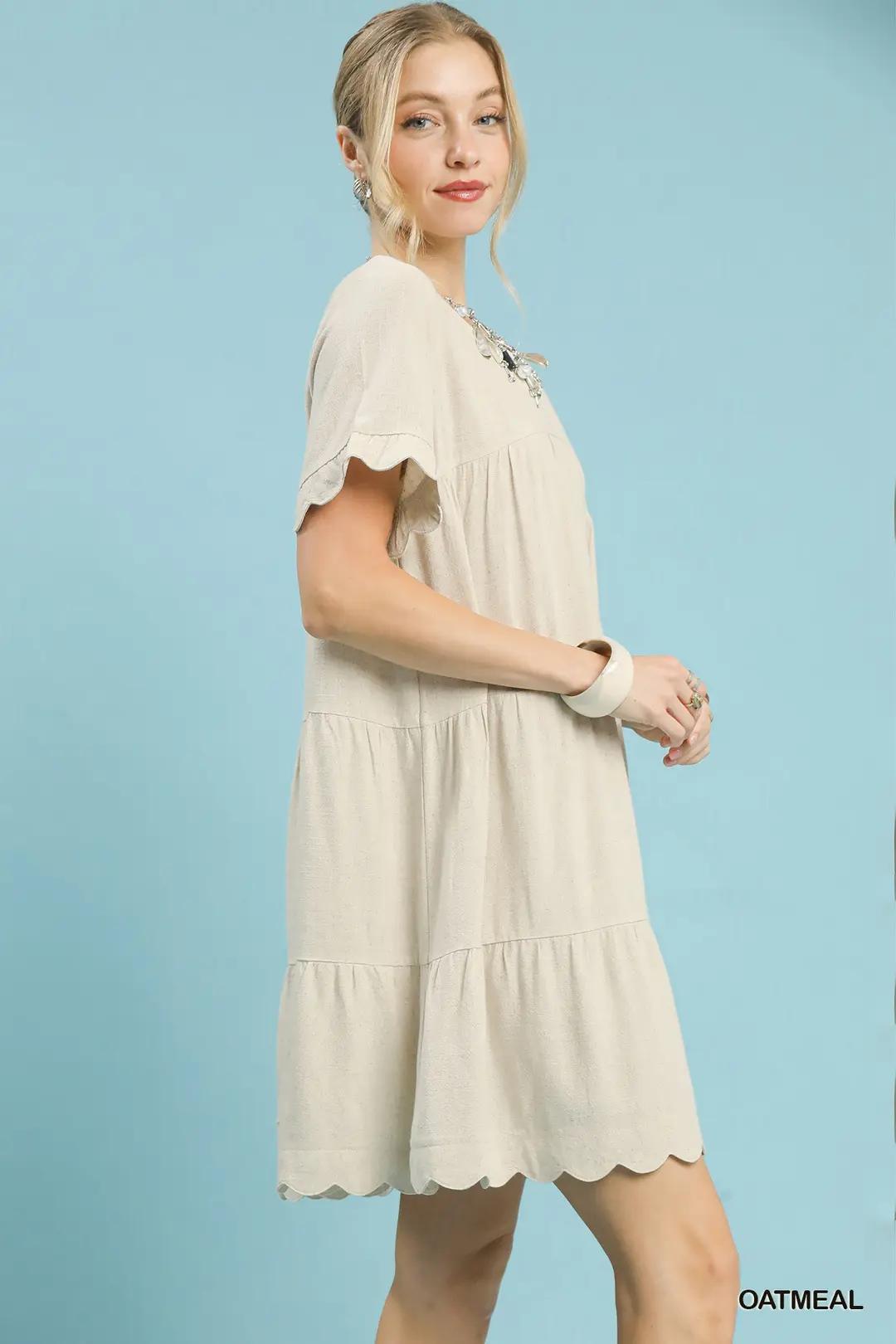 Umgee Linen Tiered Babydoll Dress with Ruffle Sleeves Oatmeal